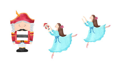 Christmas Nutcracker and dancing ballerina in pointe shoes For New Year decoration, Christmas toy, baby design, greeting card Watercolor illustration of winter fairy tale characters Girl in blue dress