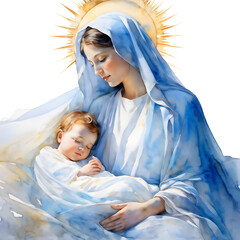 Birth of Jesus Christ, Mary with Jesus, watercolor hand painting, Christmas Nativity scene focus