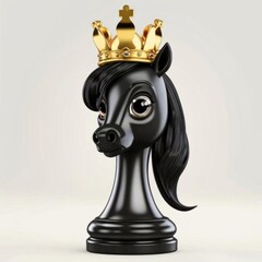 A cartoon figure of a black chess knight with expressive eyes, a sweet smile and a golden crown. AI generated.