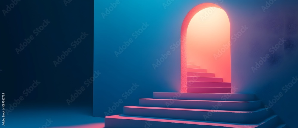Poster ethereal staircase leading to vibrant archway in enigmatic space with smooth surfaces and soft light