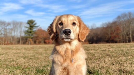 Fototapeta premium Playful Golden Retriever Puppy in Sunny Field