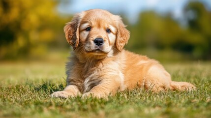 Playful Golden Retriever Puppy in Sunny Field