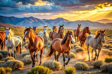 Obraz premium Capturing wild horses in their protected habitat through AI-enhanced photography.