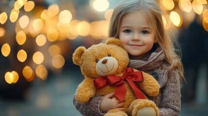 Little Girl Hugging Teddy Bear Festive Lights