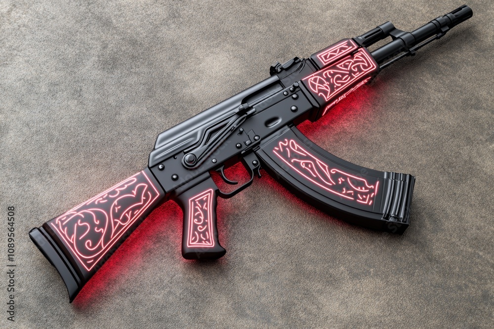 Aufkleber ak-47 displayed in a gothic theme, surrounded by dark, intricate patterns and glowing red highlights