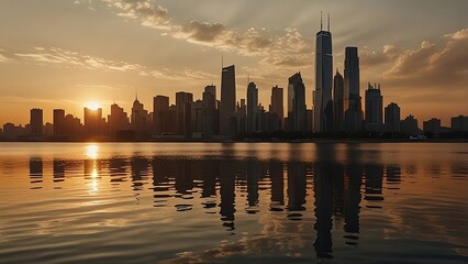 Fototapeta premium Modern city skyscrapers glowing in the golden afternoon light