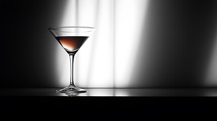 A minimalist photo of a single glass of liqueur placed on a sleek, monochromatic surface, with soft lighting emphasizing the clean lines and simplicity of the composition,