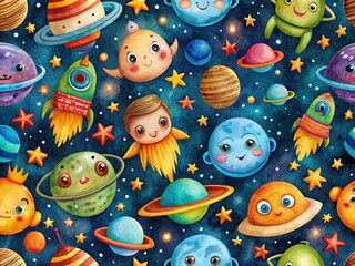 Naklejka premium Charming watercolor aliens and outer space elements create a delightful nursery pattern, ideal for children's room decor, bringing a fun and imaginative atmosphere.