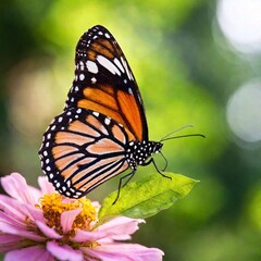Obraz premium A macro photo of a butterfly with iridescent wings catching the light, soft focus creating a gentle blur of colors in the background, low angle shot that highlights the shimmering scales and the delic