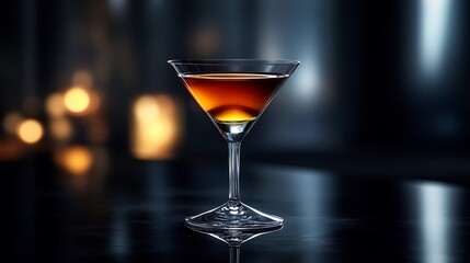 A modern, minimalist composition featuring a clear liqueur glass filled with a dark, rich liquid, placed on a reflective black surface, with soft light enhancing the clean, geometric lines.