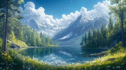 Fototapeta premium Serene Mountain Lake With Lush Green Forest And Birds