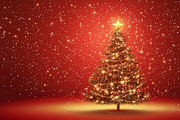 Christmas tree with sparkling lights and red background