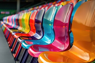 A row of colorful plastic chairs in a stadium seating area, ideal for sports or concert events