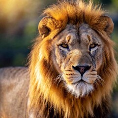 Naklejka premium A close-up photo of a lion with sunlight catching its mane, deep focus on its calm expression and the golden light reflecting in its eyes, eye-level shot portraying a serene and majestic mood