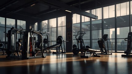 Modern gym with large windows overlooking a cityscape, filled with exercise equipment.