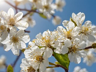 Obraz premium Spring Blossoms White Flowers Blue Sky Close Up
