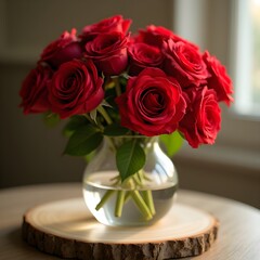 Vase of Red Roses sitting on a Natural Wood Slice - Generative AI