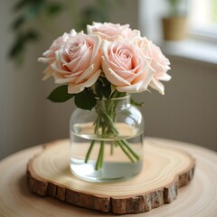 Vase of Soft Pink Roses sitting on a Natural Wood Slice - Generative AI