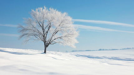 Wallpaper with solitary frosted tree in a vast snowy field under a bright blue sky with soft clouds on a crisp winter day