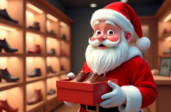 Santa Claus in classic red suit holding red box of men's shoes in shoe store with delight and surprise. Advertisement, sales
