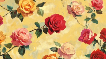 Brightly colored roses scattered on a soft yellow background, vibrant and full of life. generative ai