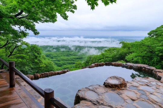 Akita's Nyuto Onsen hot springs surrounded by mist and dense, vibrant greenery
