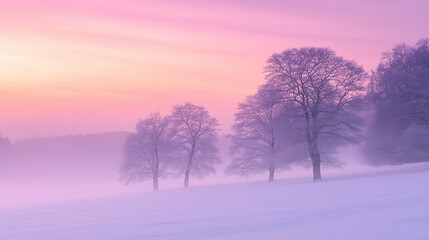 Beautiful serene winter landscape with bare trees covered in frost under a soft pastel pink and purple sunrise sky