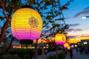 Obraz premium Akita traditional Kanto Festival with lantern poles swaying against a twilight sky
