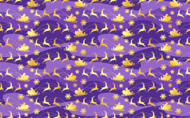 Christmas seamless pattern with snowflakes and Santa Claus on reindeer on a purple background. Print, vector illustration