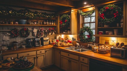 Festive Christmas Kitchen Decorated With Wreaths And Treats