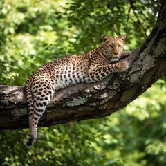 A leopard lounging on a tree branch, with its spotted coat blending into the dappled sunlight filtering through the canopy