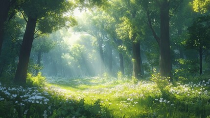 Sunlit Forest Glade With White Flowers Blooming