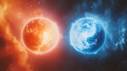 Obraz premium Celestial convergence ice and fire planets in cosmic duel, awe-inspiring space scene with nebulae and stars. Fire and Ice Duel. Illustration