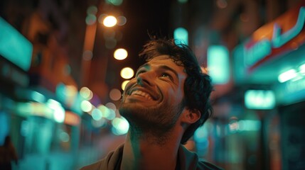Fototapeta premium A person enjoying the evening atmosphere in a bustling metropolis, possibly feeling happy and content