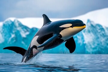 Fototapeta premium Alaska orcas swimming in a pod near a dramatic glacier, with mist rising from their breaths
