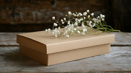 Fototapeta premium Brown kraft gift box with gypsophila flower detail, on a natural wooden table, generative ai