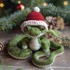 a knitted toy in the shape of a green snake, which is dressed in a red New Year's cap with white trim. 