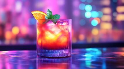 A vibrant liqueur cocktail served in a sleek, modern glass, garnished with fresh mint leaves and a slice of orange, placed on a glossy bar counter with blurred, colorful lights in the background,