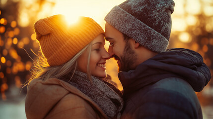 Romantic couple embracing outdoors in golden winter sunlight, sharing smiles and warmth in a serene snowy landscape