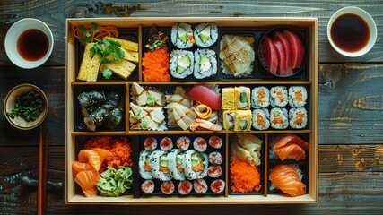 Delicious sushi bento box with diverse ingredients on a rustic metal surface.