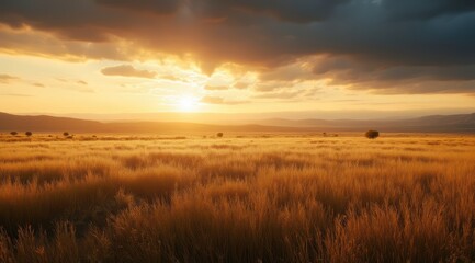Golden sunset over serene grassland