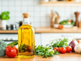 Rice bran oil bottle on a wooden kitchen counter, surrounded by fresh vegetables and herbs, emphasizing healthy cooking