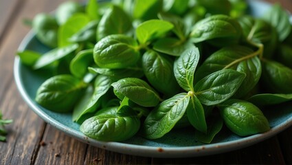 Fresh green basil leaves on a blue ceramic plate, wooden background, natural light, culinary herb. Generative, AI,

