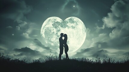 A romantic silhouette of a couple kissing against a large heart-shaped moon backdrop.