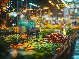 Glowing Digital Price Tags Highlight Eco Conscious Products in Vibrant Market Scene