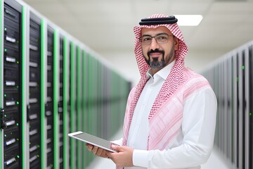 Saudi IT man inside a server room, holding a tablet and overseeing the network systems, surrounded by racks of servers and high-tech equipment, embodying modern technological expertise