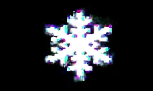 Vibrant digital snowflake animation with colorful pixel distortions