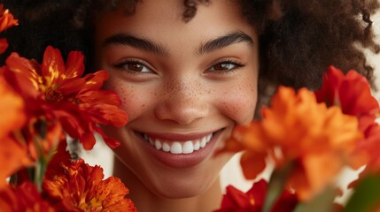 Close-up of the face of a young woman beaming with joy, holding a bouquet of red and orange flowers, generative ai