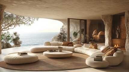 Fototapeta premium Here's a description and keywords for your image.. Luxurious coastal cave living room with curved sofa, ocean view.