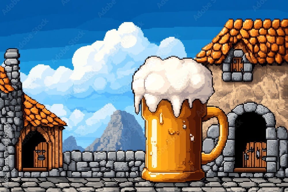 Leinwandbilder alcohol in pixel art form, showing a retro beer mug with foam bubbles and a small tavern scene in 8-